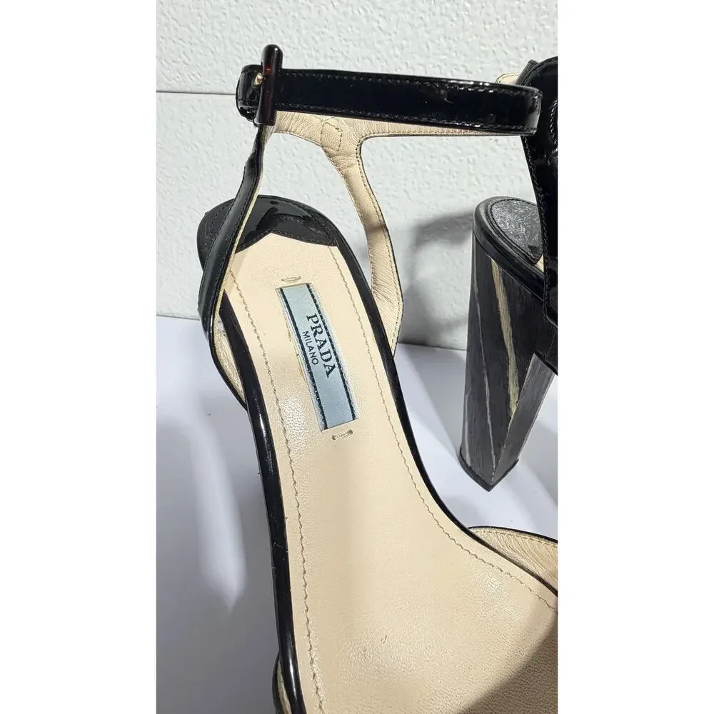 Prada Platform Heels Black Patent Wood Grain Ankle Strap Sz 37 - Picture 3 of 14